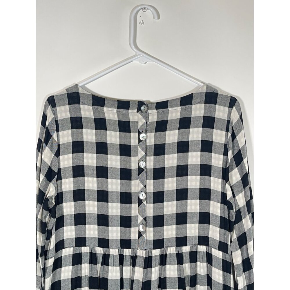 J. Jill Gingham Double Cloth Dress Roll Tab Sleeve Button Back Black & White - Picture 8 of 16